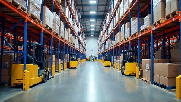 Long warehouse aisle with tall racks full of colorful boxes