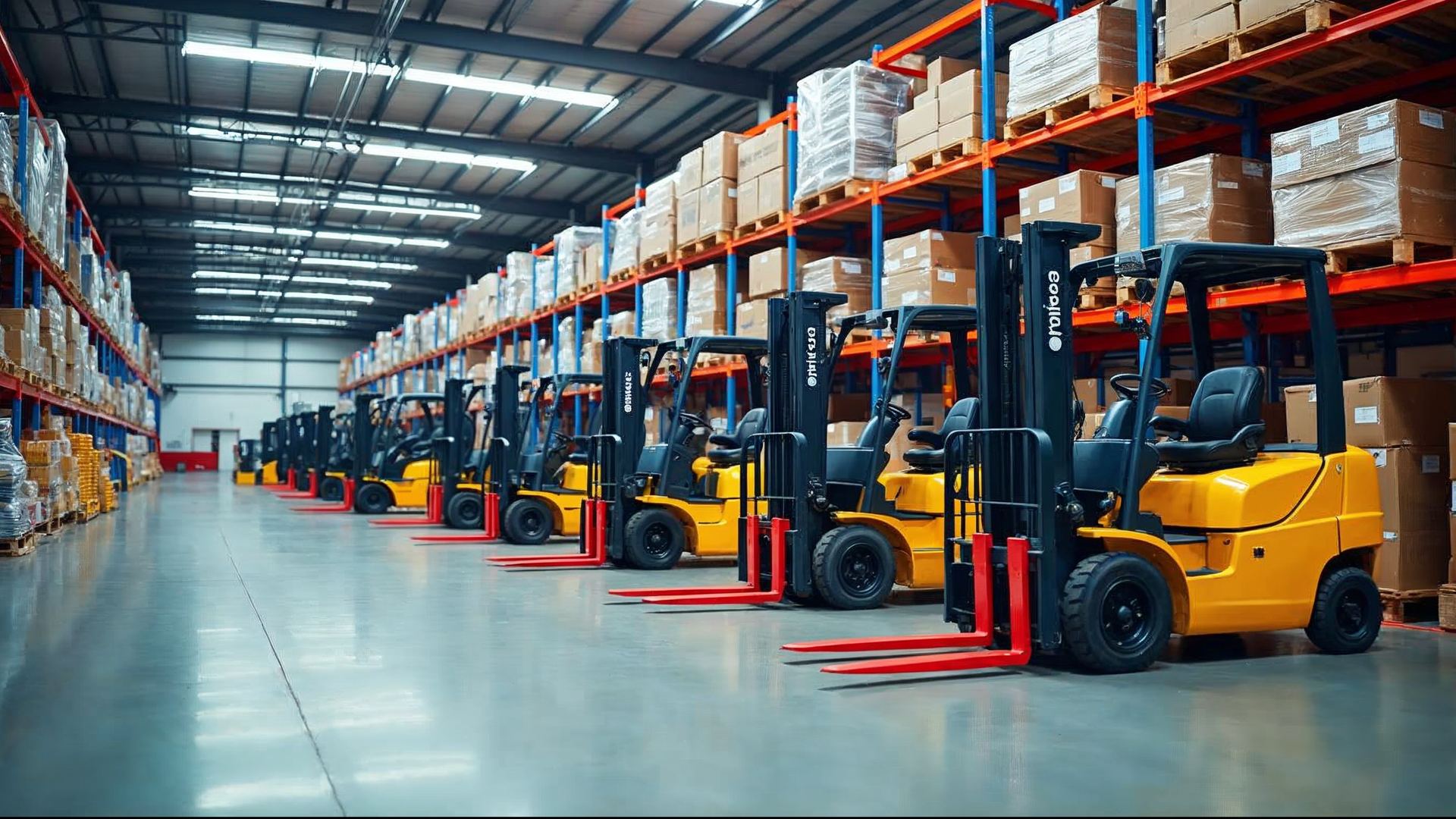 Row of yellow forklifts parked in a clean warehouse