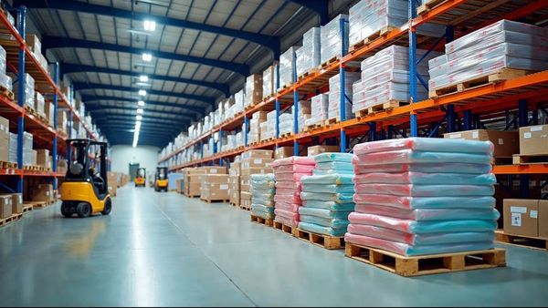 Shrink-wrapped pallets of goods in a staging area