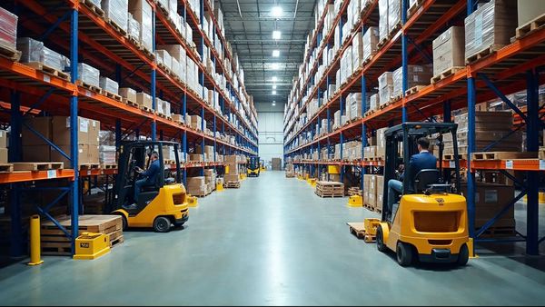 View across a warehouse floor with rows of racking