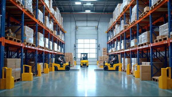 Warehouse loading dock doors with pallets ready to ship