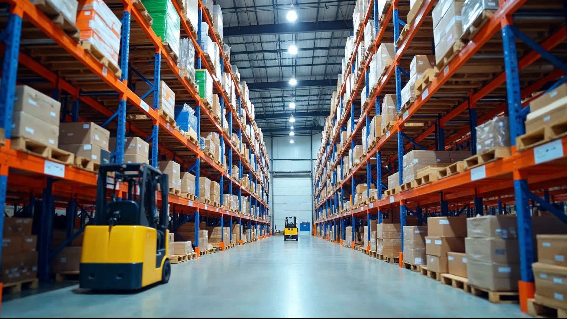 Tall pallet racks with colorful boxes and a pallet jack