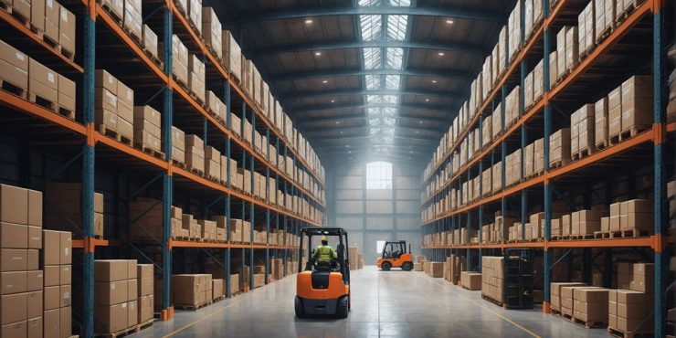 Modern warehouse with organized shelves, forklifts, and workers managing inventory efficiently.