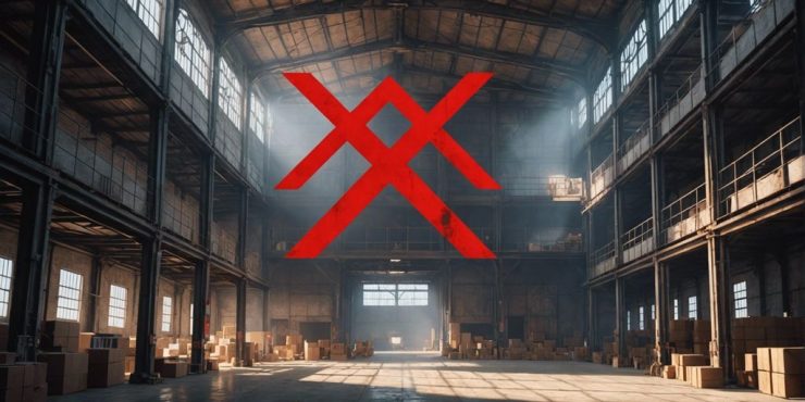 Warehouse with red 'X' over common mistakes: overestimating space, ignoring location, neglecting lease terms.