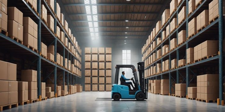 Modern warehouse with organized shelves, boxes, and a forklift for efficient e-commerce storage solutions.