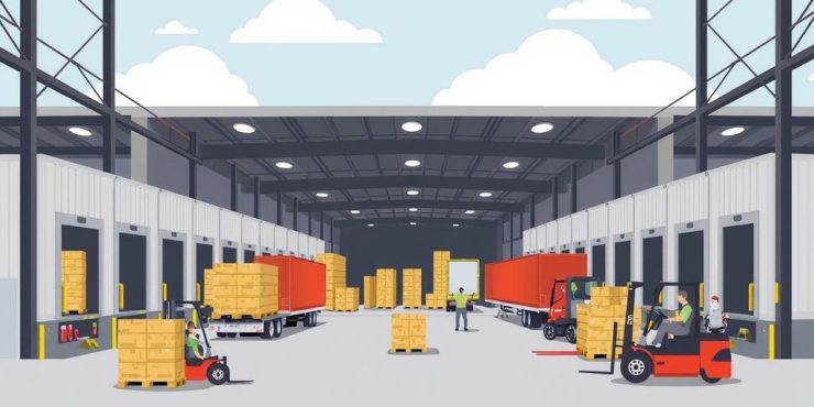Warehouse with loading docks and trucks