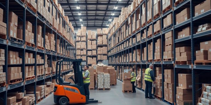 Warehouse with shelves, boxes, forklift, and workers.