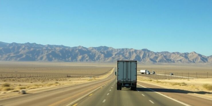 A truck driving on a wide open highway.