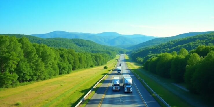 Truck on a highway through green fields under blue sky.