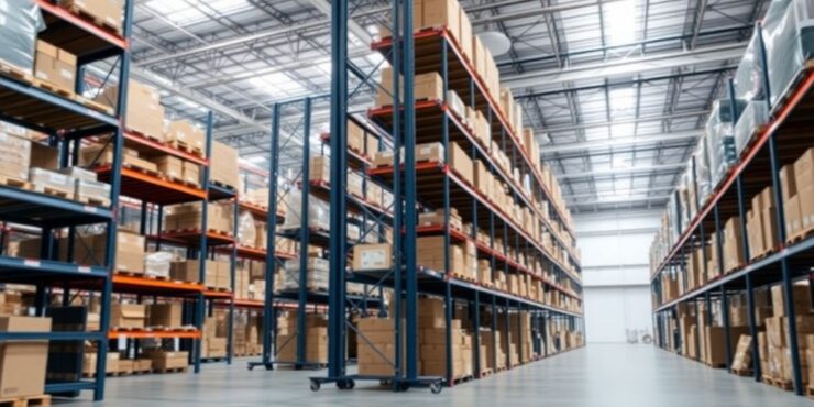 Interior of a well-organized modern warehouse.