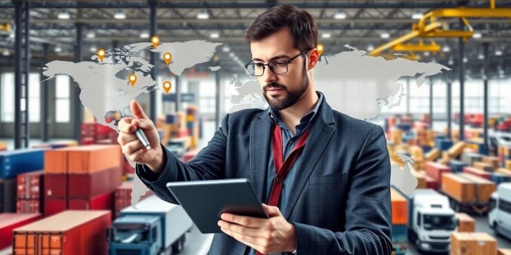 Logistics professional with global map and cargo elements.