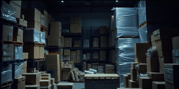 Chaotic warehouse with disorganized boxes and pallets.