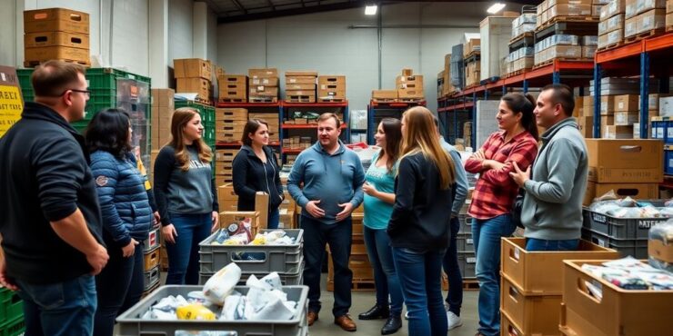 Small business owners collaborating in a vibrant warehouse.
