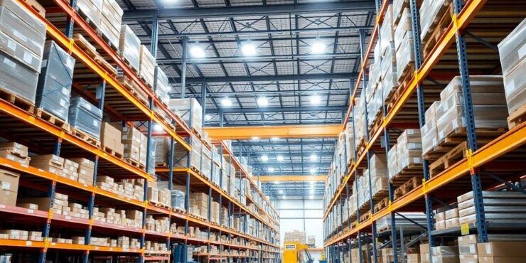 Modern warehouse with automated systems and organized shelves.