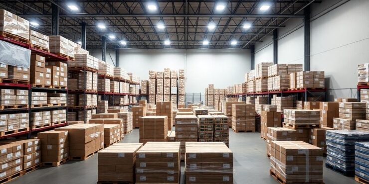 Organized warehouse with stacked pallets and boxes.