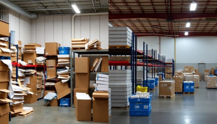 Comparison of messy in-house storage and organized warehouse.
