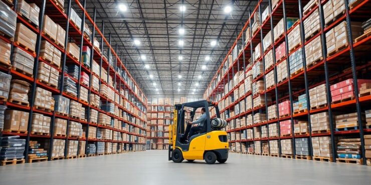 Forklift moving pallets inside a large warehouse