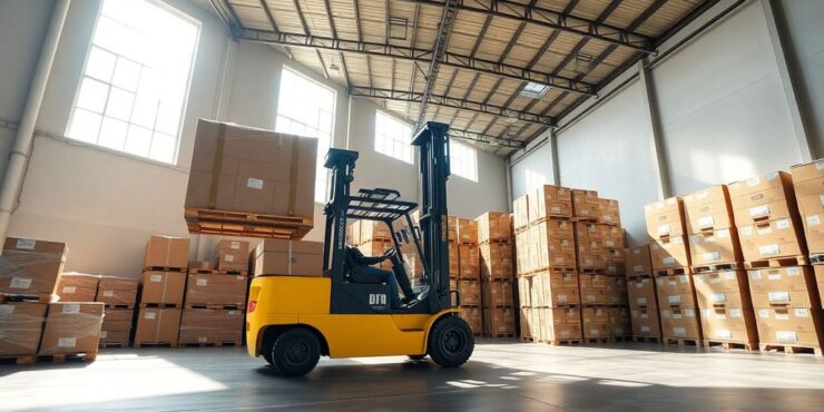 Forklift moving pallets in a warehouse.