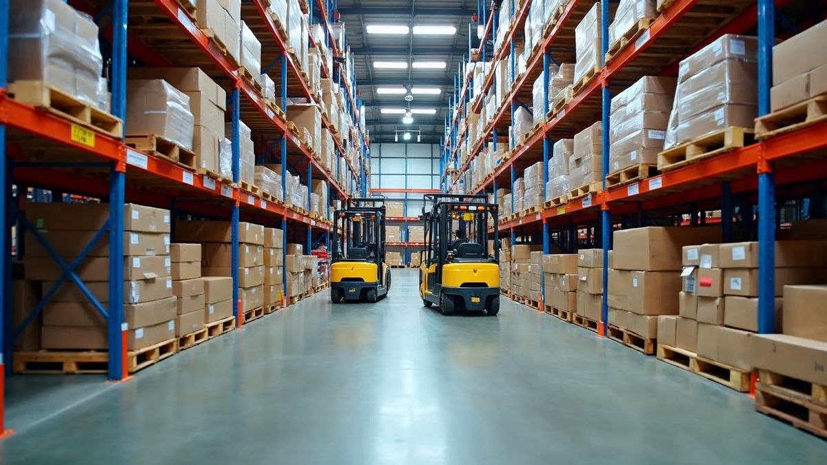 Forklifts moving pallets between tall pallet racks