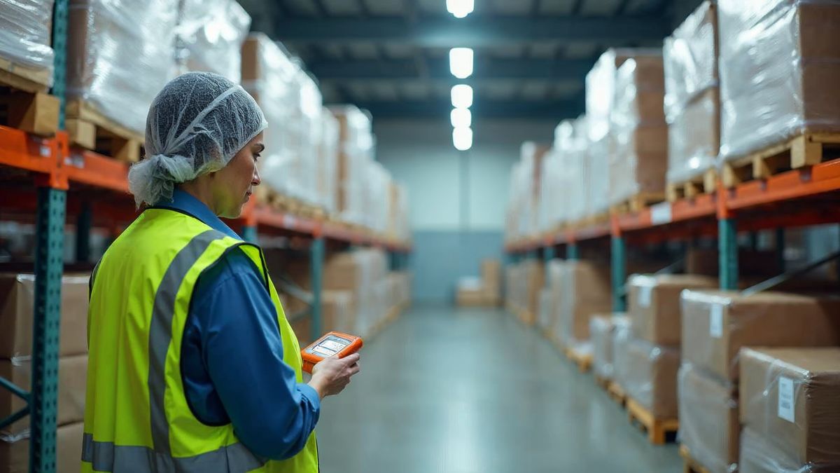 Food-grade, temperature-controlled storage area with pallets of packaged food