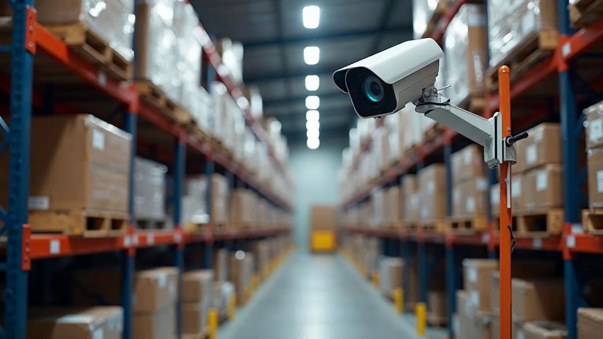 Surveillance camera watching over a warehouse aisle