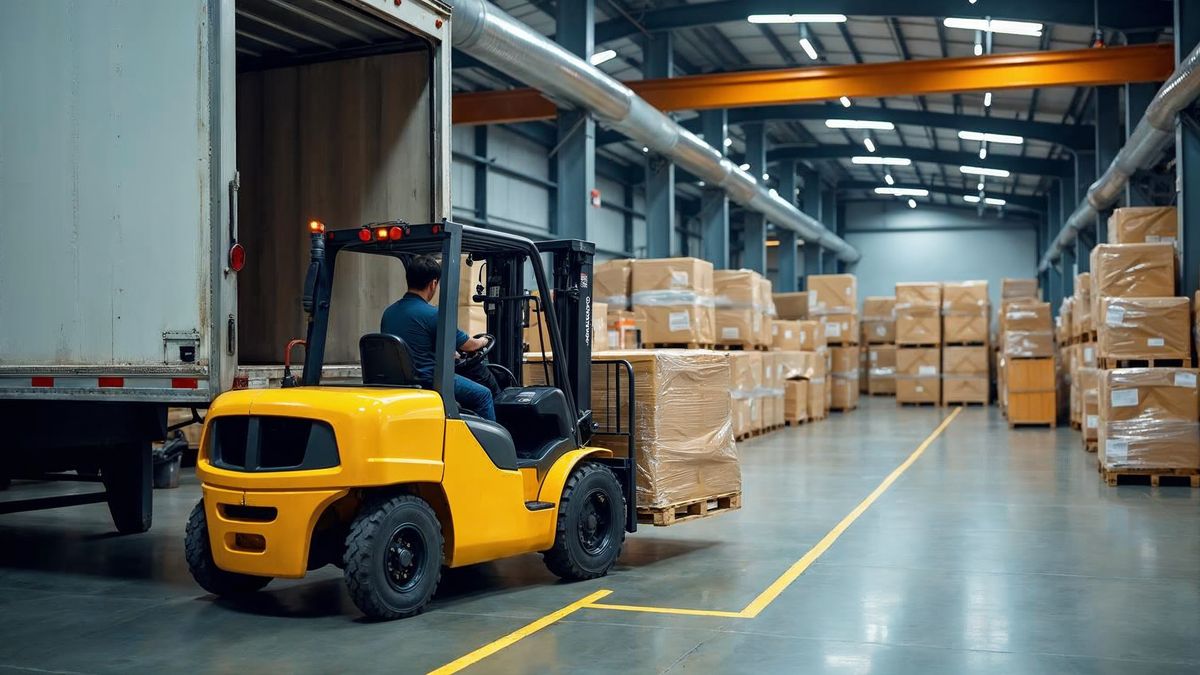 Forklift loading a pallet into a truck at a warehouse dock door