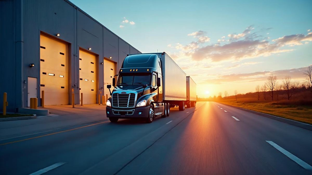Trucks leaving the warehouse loading docks for the nearby interstate